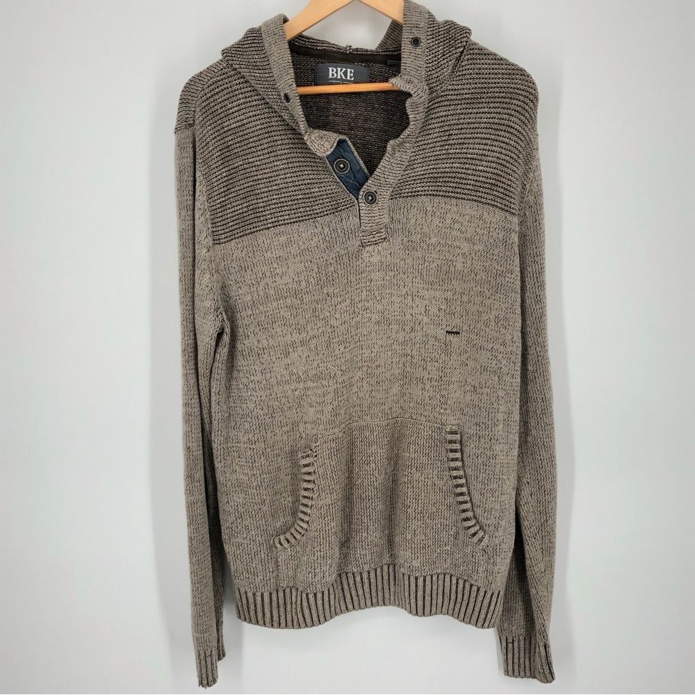 BKE Hoodie Mens Large Brown Chunky Knit Sweater Henley Buttons Pocket Comfy Soft